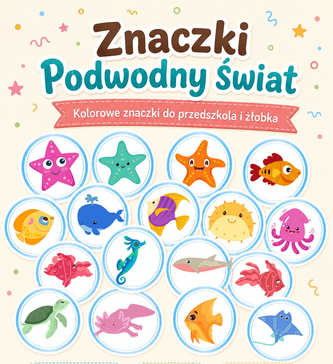 Znaczki Podwodny Świat – kolorowy zestaw 48 znaczków PDF z morskimi zwierzętami do przedszkola i żłobka