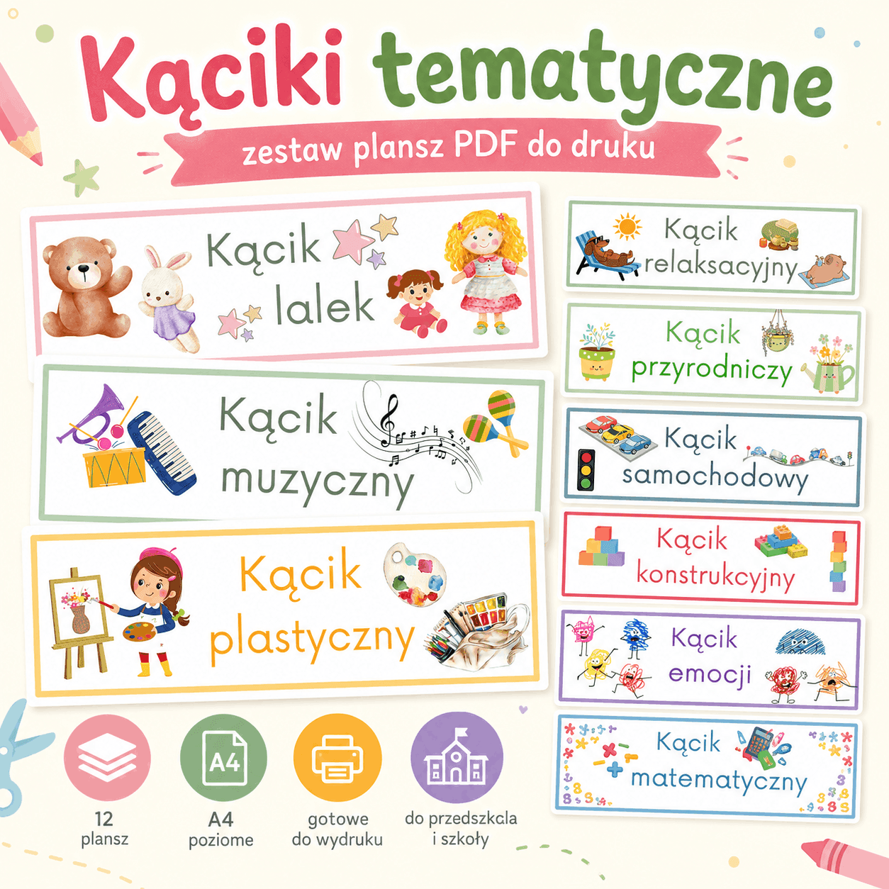 Kąciki tematyczne – zestaw kolorowych plansz PDF do druku